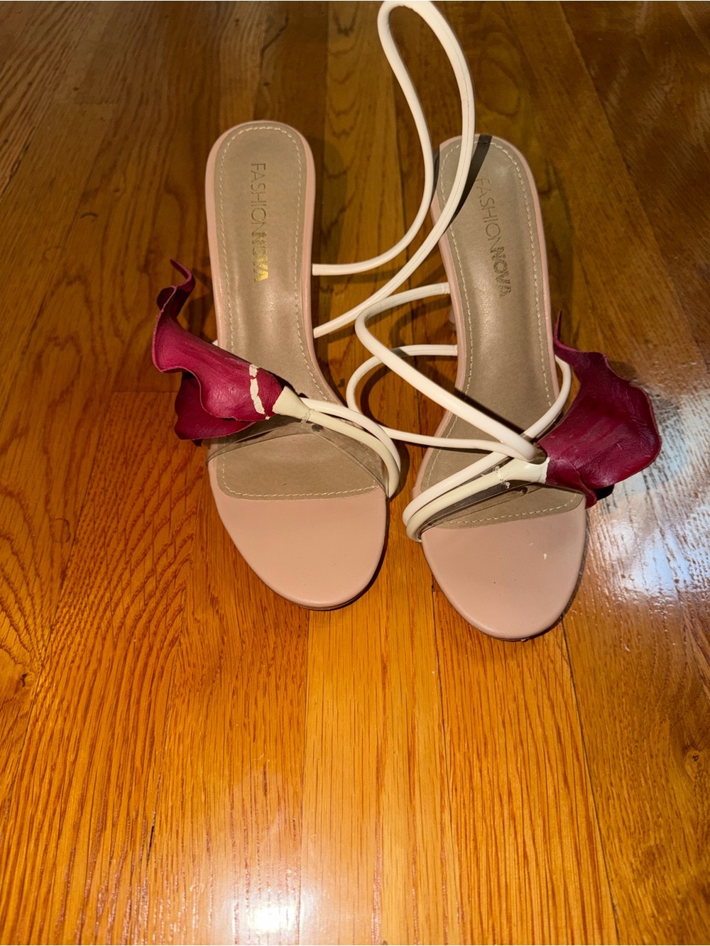 Fashion Nova Beige & Magenta Lace-Up Floral Heeled Sandals
